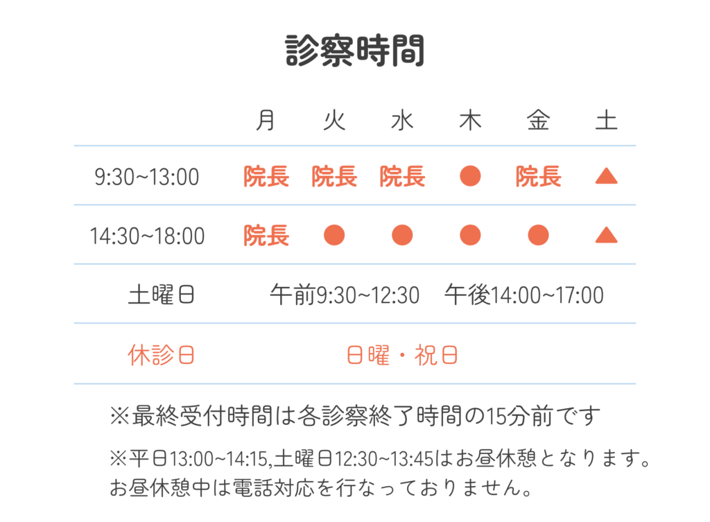 診察時間 月~金曜日：9:30~13:00・14:30~18:00 土曜日：9:30~12:30・14:00~17:00 休診日：日曜日・祝日 ※最終受付時間は各診察終了時間の15分前です。平日13:00~14:15,土曜日12:30~13:45はお昼休憩となります。お昼休憩中は電話対応を行なっておりません。